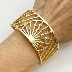 Vintage LUCKY BRAND SUNRISE Wire Cuff Bracelet Sun Moon Stars Gold Tone Boho